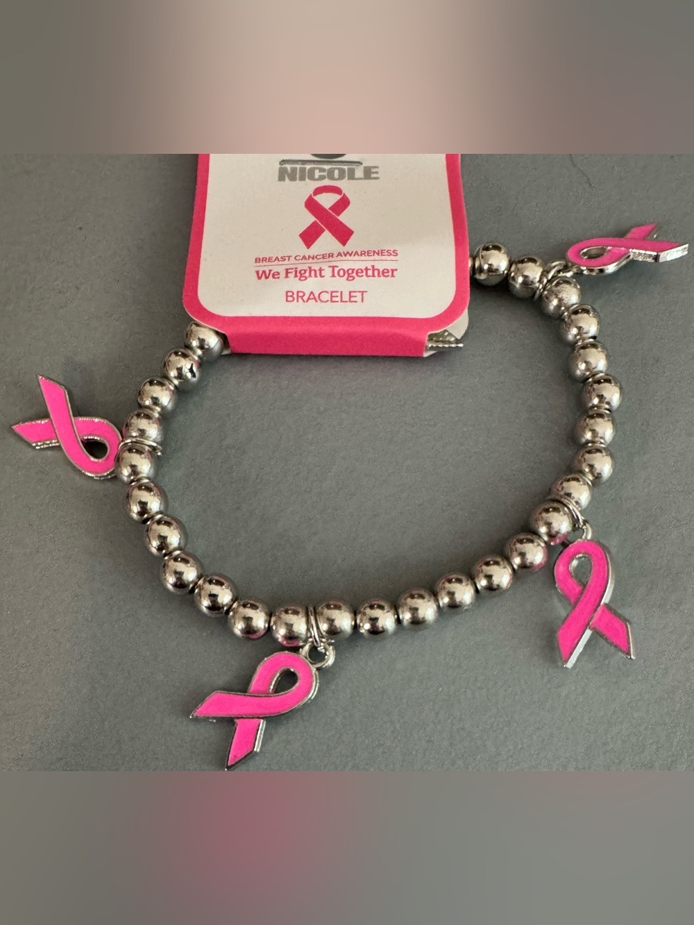 Nicole Silver Beaded Bracelet with Pink Ribbon Charms